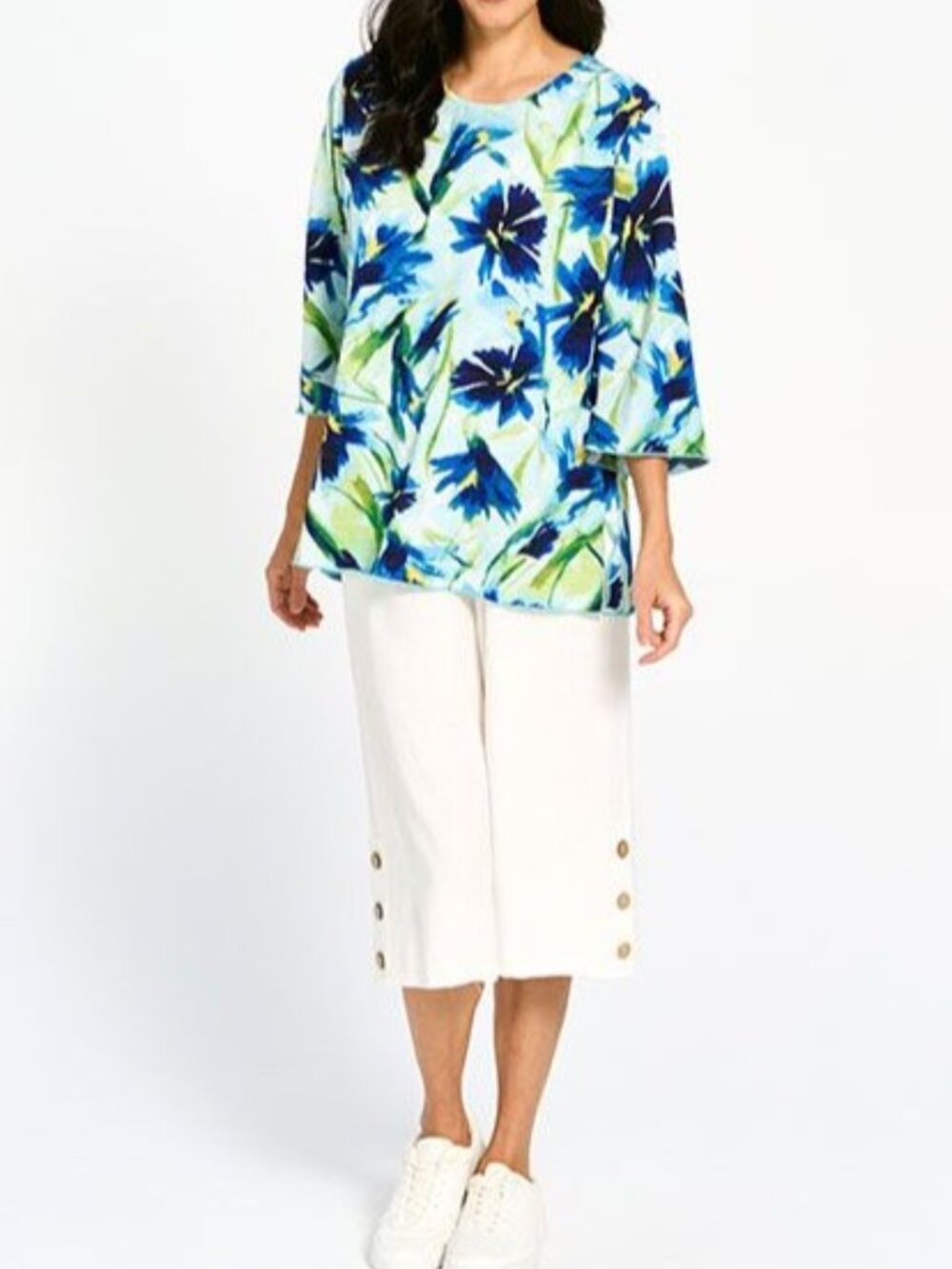 JOSTAR Blouse L Blue Green Abstract Floral 3/4 Sleeve Comfortable Stretch